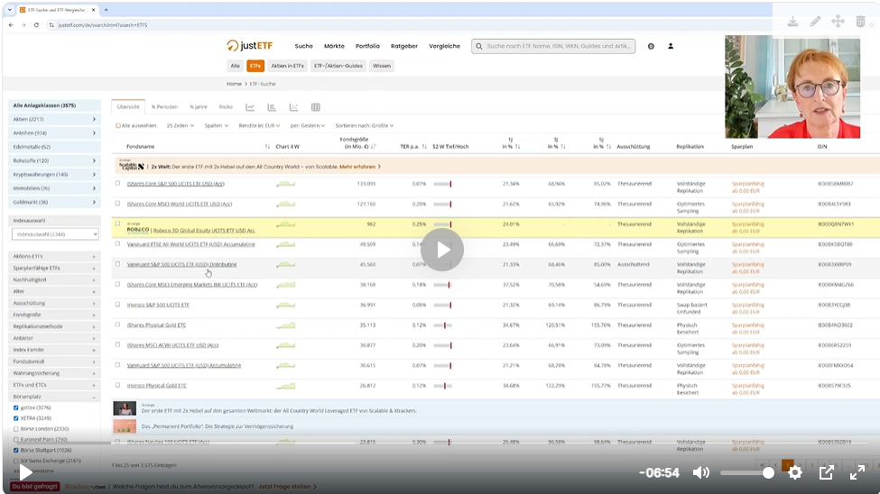Screenshot der justETF-Oberfläche mit Kamerabild von Monika Lackner beim Vergleichen von ETF-Kriterien